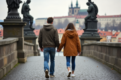 Jeune couple marchant sur le pont Charles à Prague