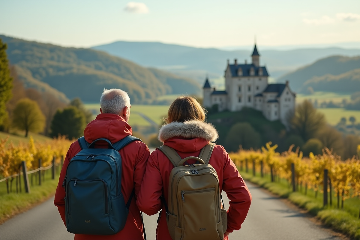 Couple pointant vers un château dans la campagne française
