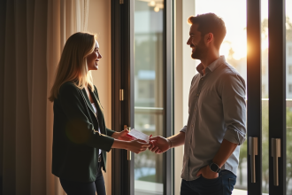 Couple souriant vérifiant leur réservation Airbnb à la porte