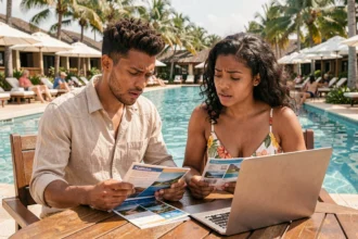 Couple comparant les prix de vacances tout compris sur un ordinateur portable dans un resort tropical