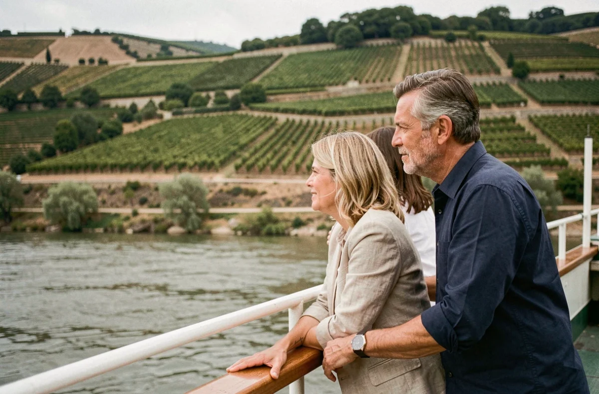 Couple en croisière fluviale sur le Rhône admirant les vignobles en terrasses depuis la proue d'une péniche