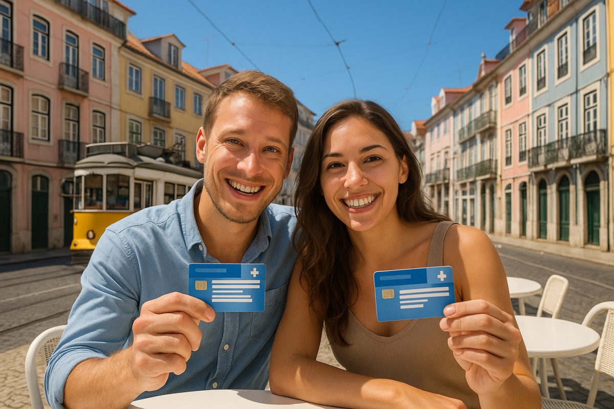 Couple expatrié souriant à Lisbonne avec cartes d'assurance santé