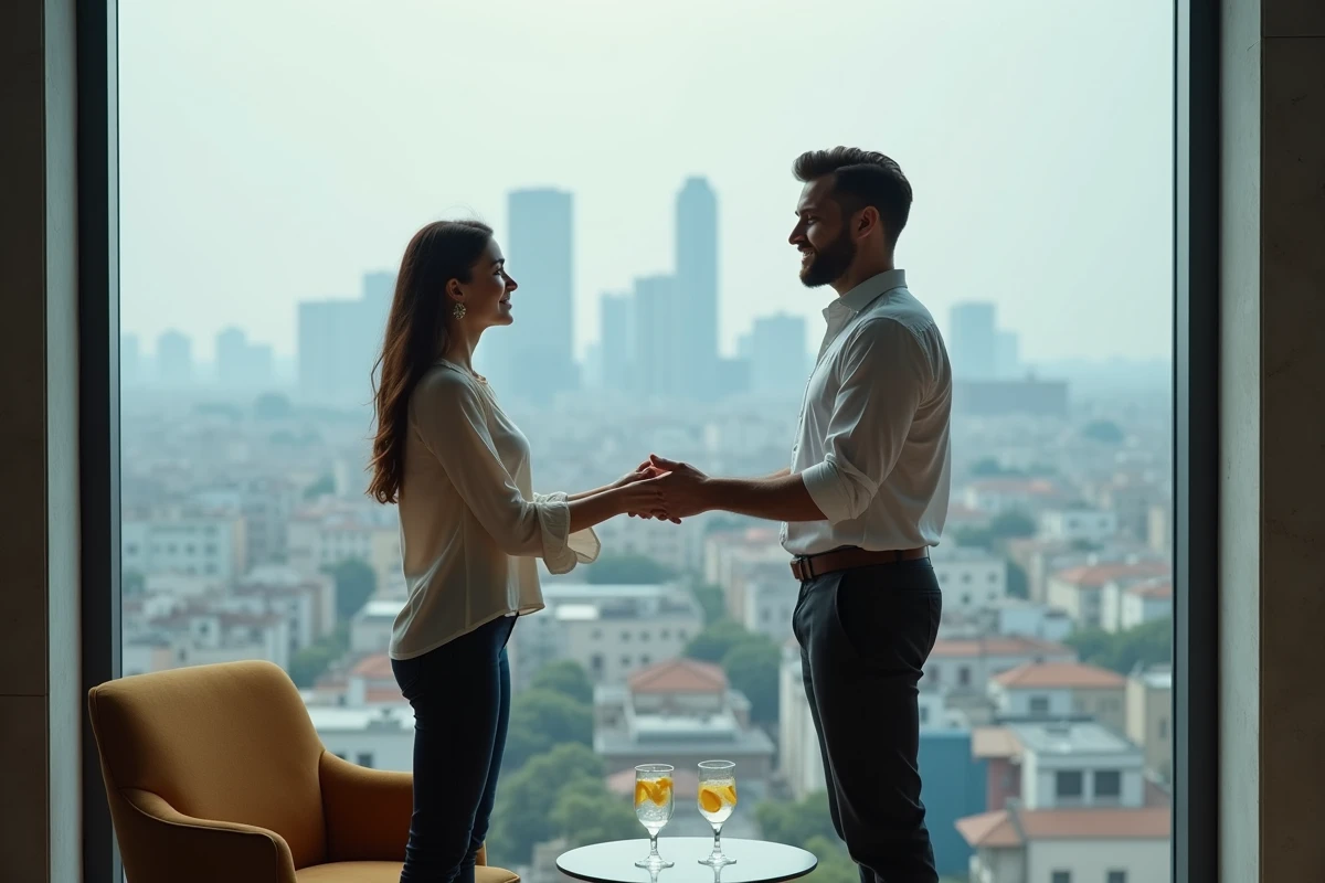 Couple romantique debout près d'une grande fenêtre d'hôtel avec vue sur la ville pour une pause en journée