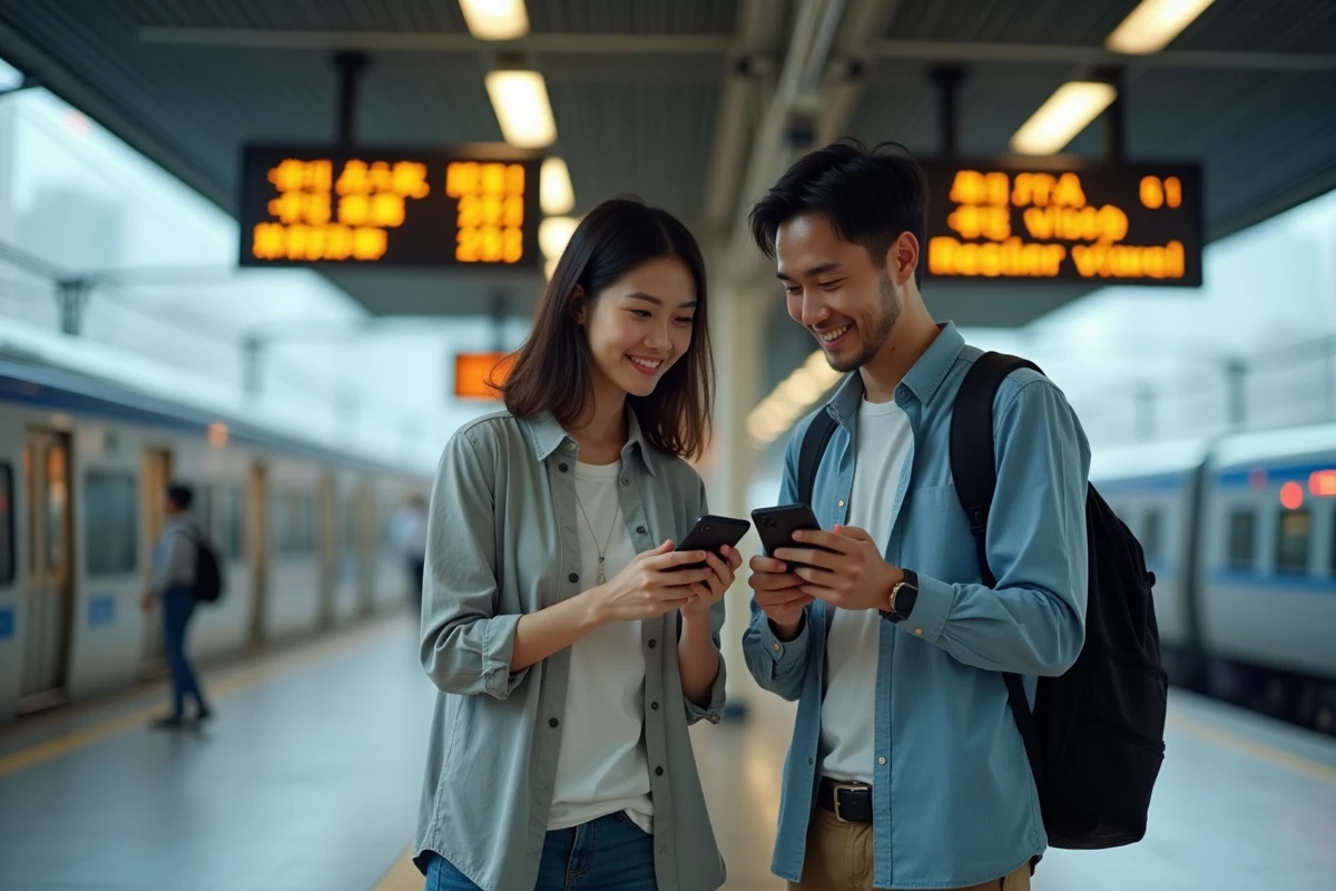 Couple de voyageurs consultant une offre forfait Saily sur smartphone dans une gare asiatique