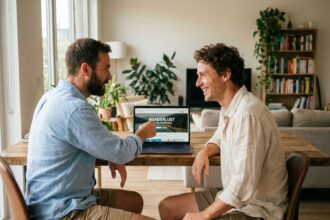 Couple gay réservant des vacances LGBTQ+ en ligne sur un ordinateur portable dans un appartement moderne
