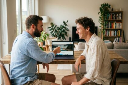 Couple gay réservant des vacances LGBTQ+ en ligne sur un ordinateur portable dans un appartement moderne