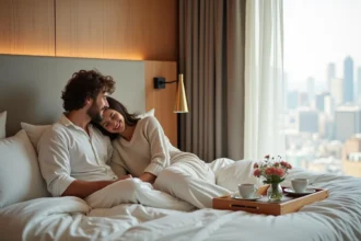 Couple complice installé sur un lit d'hôtel blanc pour une escapade romantique en journée en ville