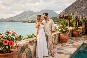 Couple en amoureux sur la terrasse d'un hôtel de luxe en Guadeloupe avec vue sur une baie turquoise