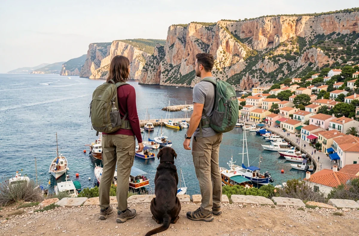 Couple avec un labrador au belvédère panoramique surplombant le port et les calanques de Cassis
