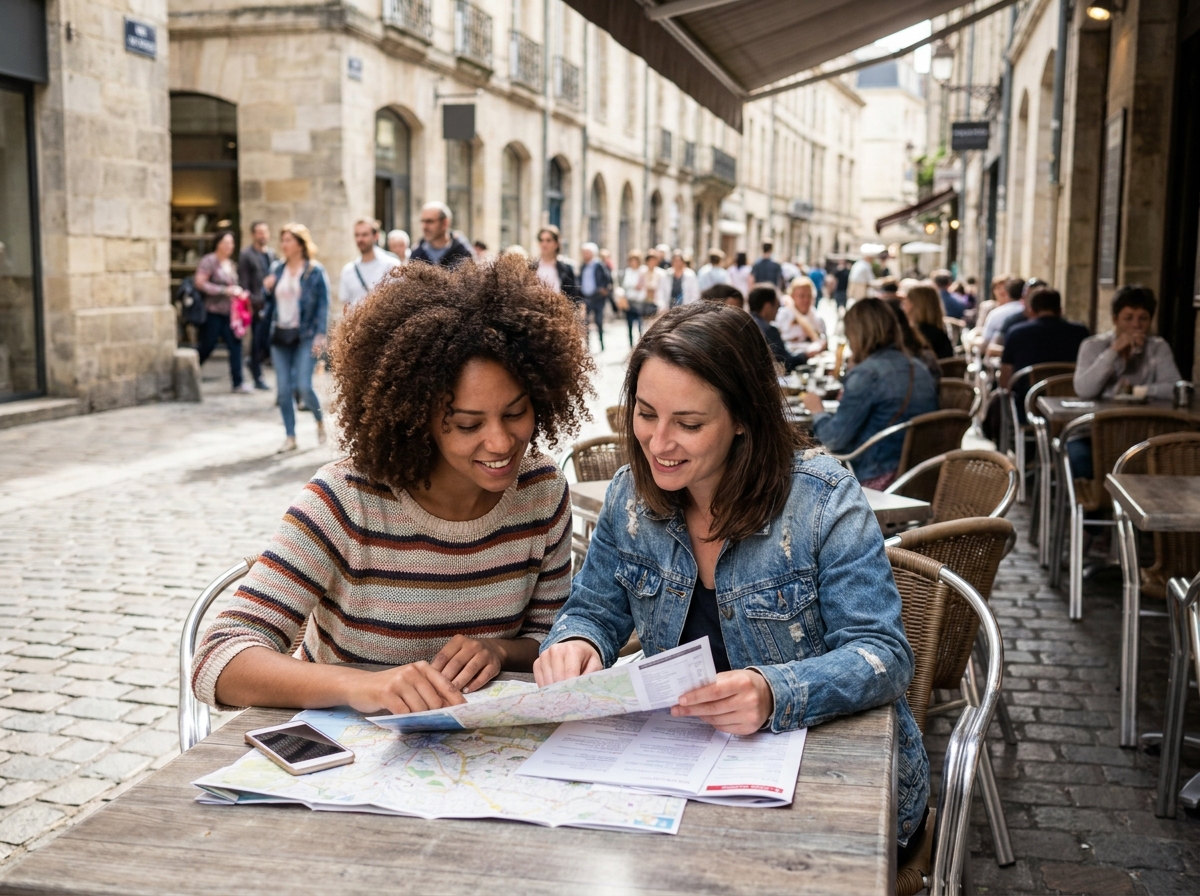 Couple lesbien planifiant un voyage LGBTQ+ inclusif depuis une terrasse de café en ville