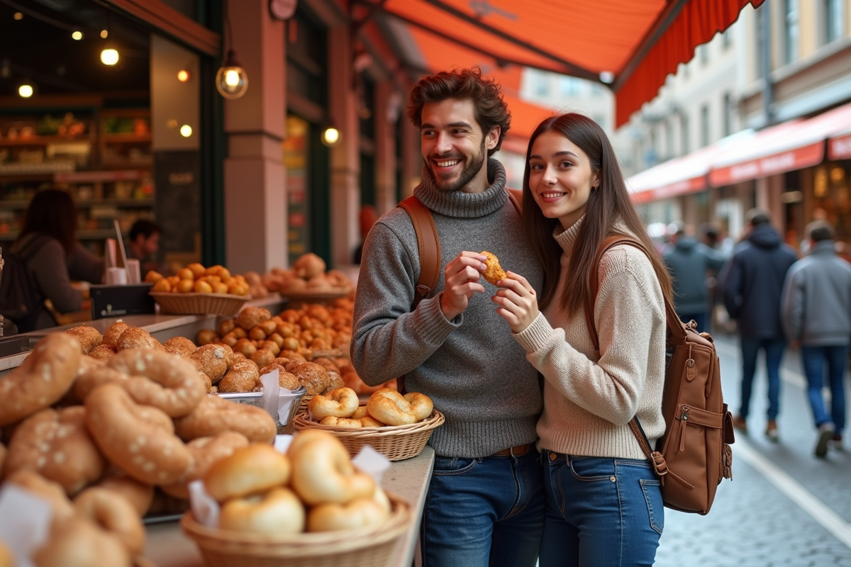 Jeune couple dégustant des pâtisseries dans un marché en plein air