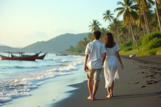 Jeune couple marche sur la plage de Lovina Bali