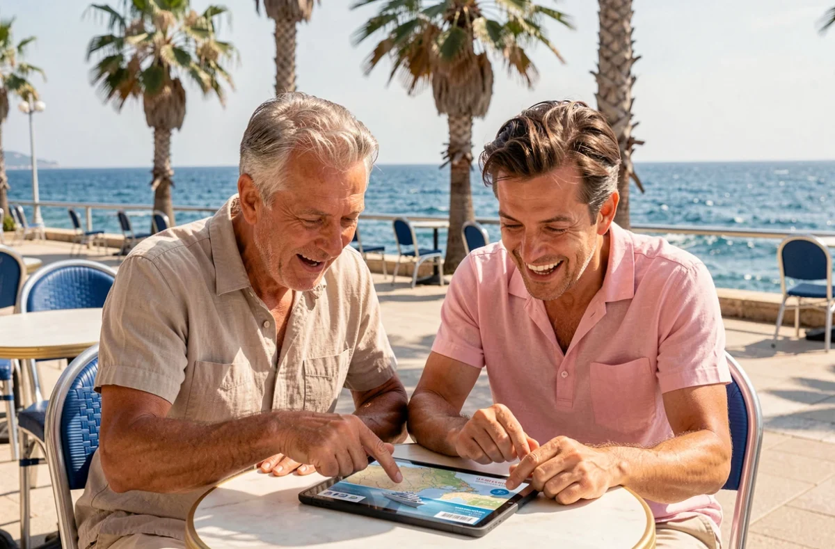 Couple consultant une brochure de croisière en Méditerranée à une terrasse de café sur la Promenade des Anglais à Nice