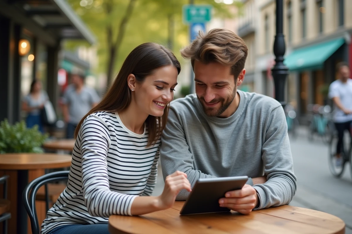 Couple planifiant un itinéraire éco-responsable sur Via Mappy depuis une terrasse de café en ville
