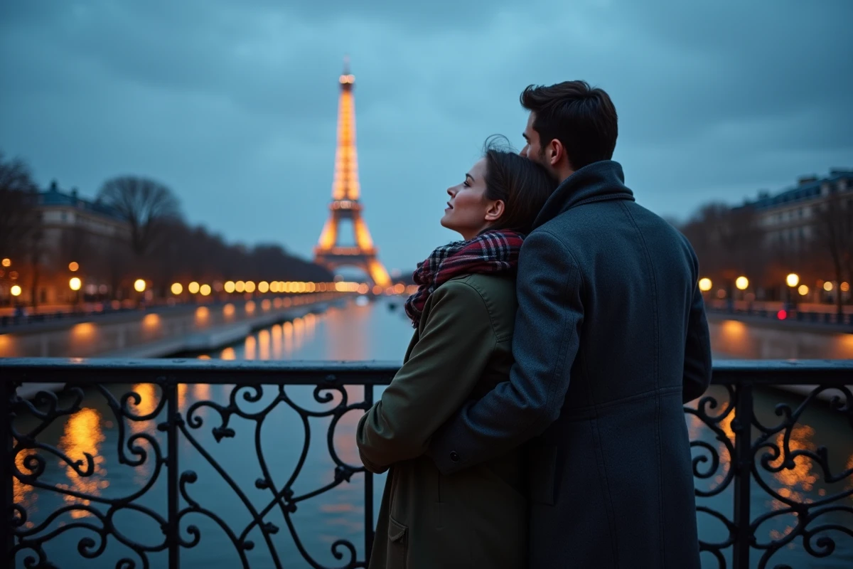 Couple romantique sur le Pont des Arts à Paris au crépuscule, vue sur la Tour Eiffel se reflétant dans la Seine avec une atmosphère intimiste