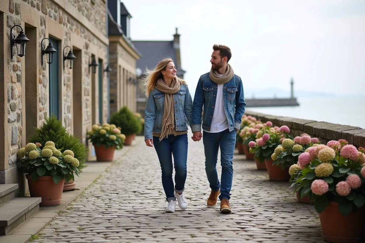 Jeune couple se promenant sur une terrasse en Bretagne