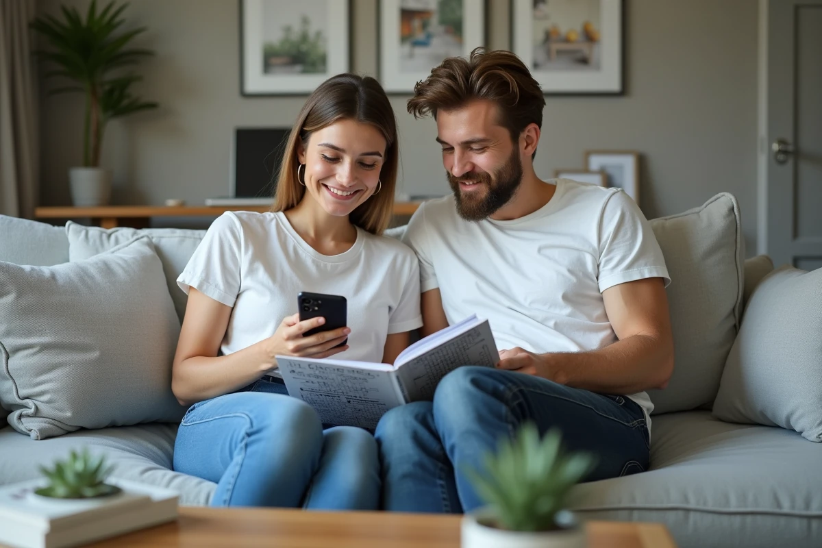 Couple jouant à un quiz de géographie sur smartphone et livre de mots croisés pour trouver des villes en X