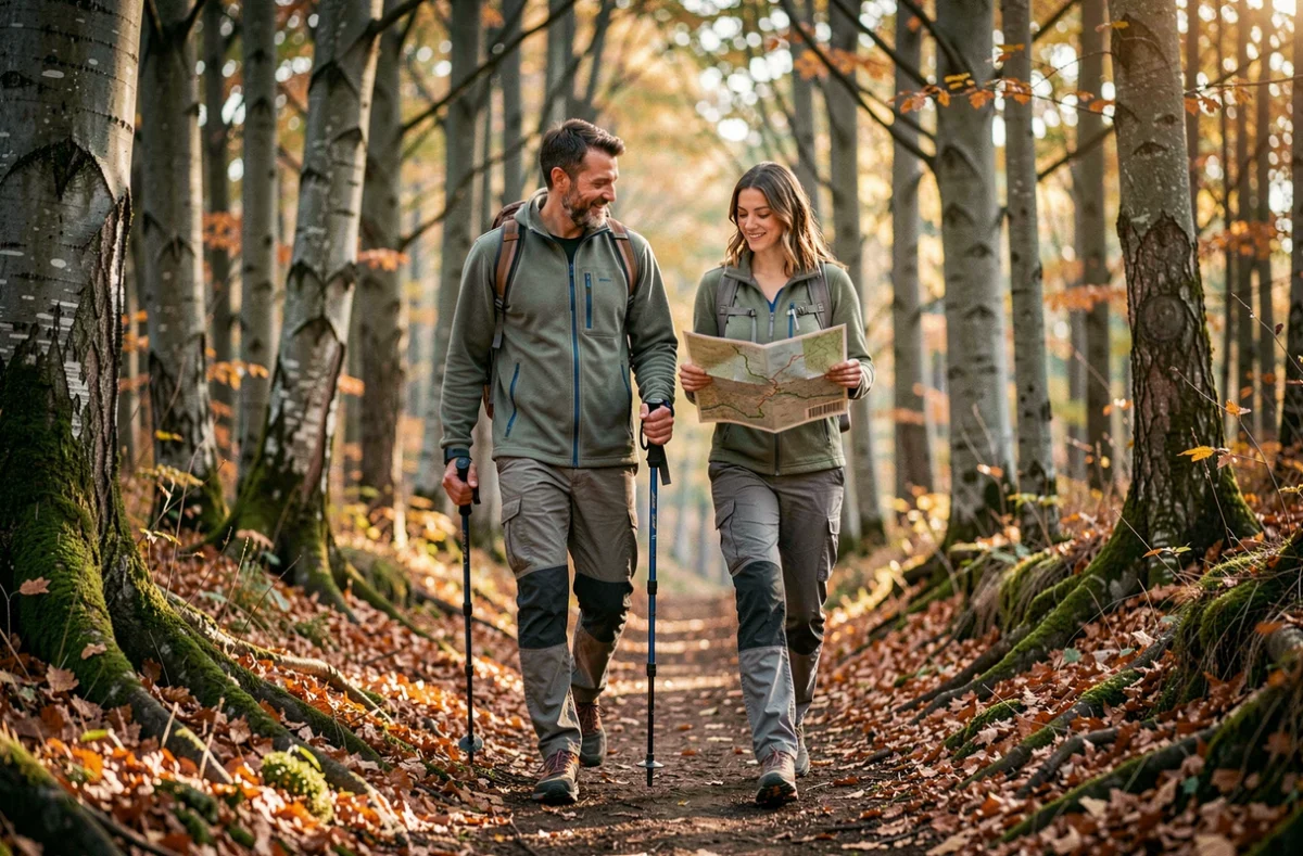 Couple de randonneurs consultant une carte sur un sentier forestier en automne en Auvergne