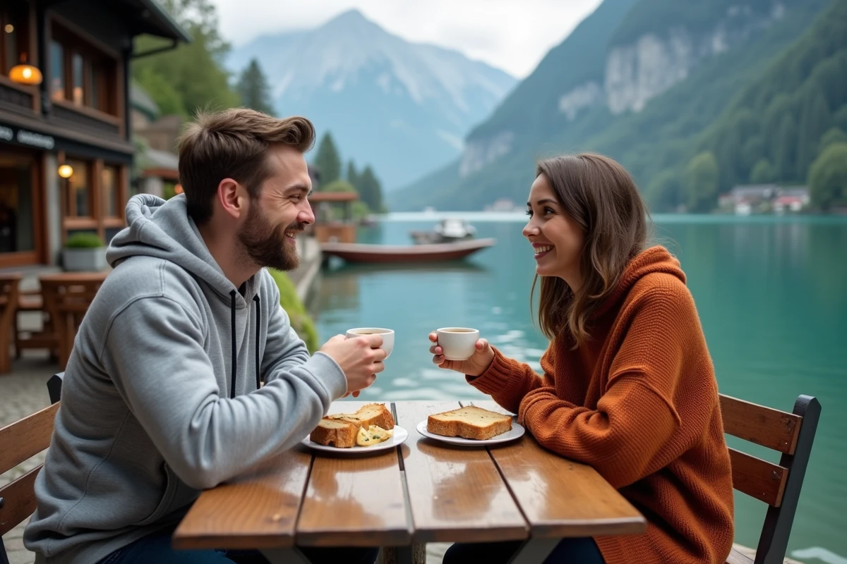 Couple partageant un repas abordable en terrasse à Hallstatt avec vue sur le lac et les Alpes autrichiennes