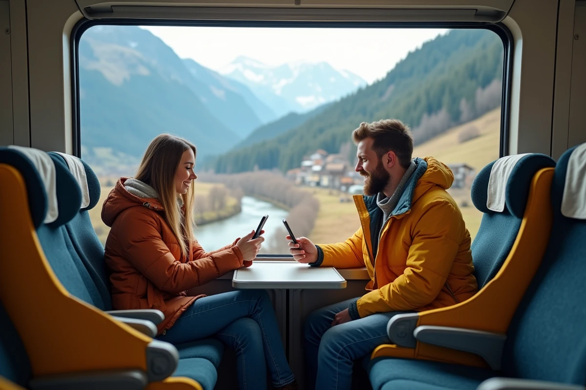 Jeune couple regardant réservation sur smartphone dans train