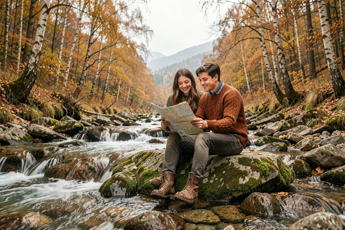 Couple de randonneurs au bord d'un ruisseau sauvage dans une vallée secrète des Vosges alsaciennes, Bas-Rhin