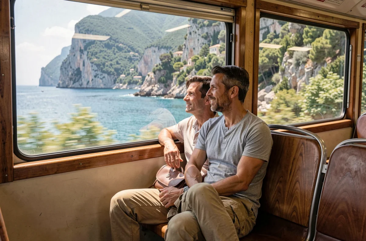 Couple regardant le paysage côtier sicilien depuis la fenêtre d'un train régional longeant la mer près de Taormine