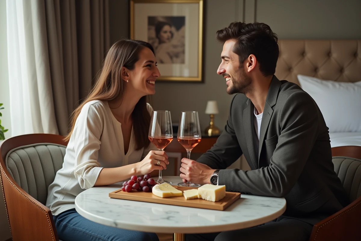 Couple partageant un verre de rosé autour d'une table en marbre dans un salon privé d'hôtel pour une escapade romantique en journée