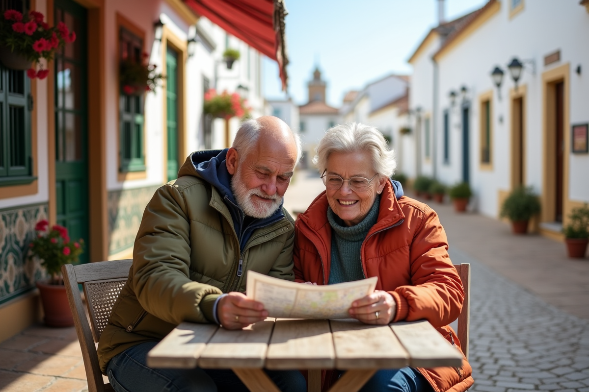 Couple âgé partageant une carte dans un village d