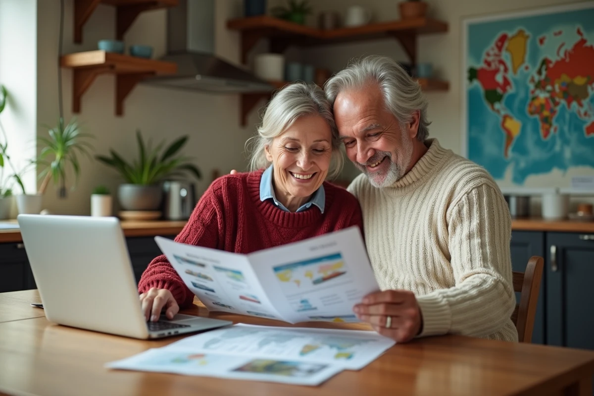 Couple souriant recherchant une croisière en cuisine lumineuse