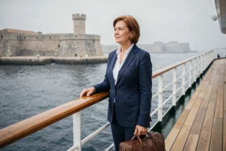 Femme sur le pont d'un navire de croisière au départ de Saint-Malo avec les remparts en arrière-plan