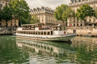 Croisière fluviale sur la Seine à Paris avec un bateau blanc longeant les quais haussmanniens