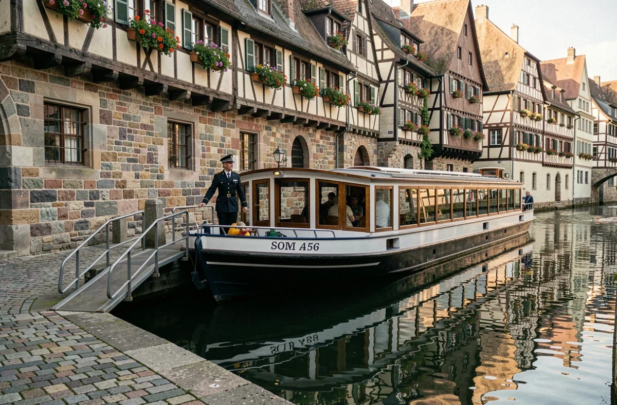 Péniche de croisière amarrée dans le quartier de la Petite France à Strasbourg avec reflets dans l'Ill