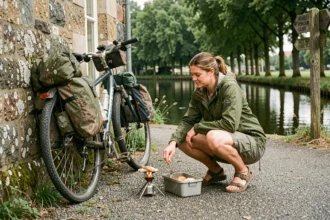 Cycliste en bivouac au bord du canal de Nantes à Brest, préparant un repas simple sur le chemin de halage devant une maison d'éclusier en pierre