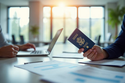 Personne tenant un permis de conduire international et un passeport dans un bureau moderne
