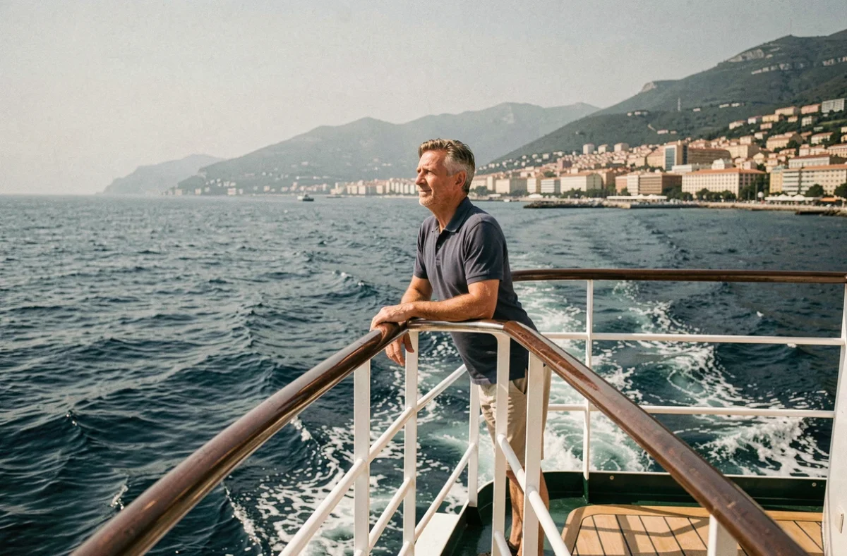 Homme appuyé sur le bastingage d'un bateau de croisière observant la côte de Nice s'éloigner en Méditerranée