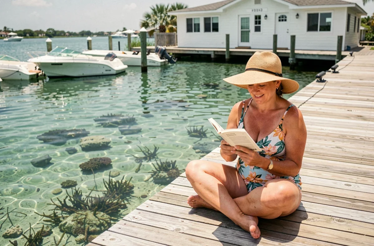 Femme se relaxant sur un ponton en bois au-dessus des eaux cristallines de Marathon dans les Florida Keys