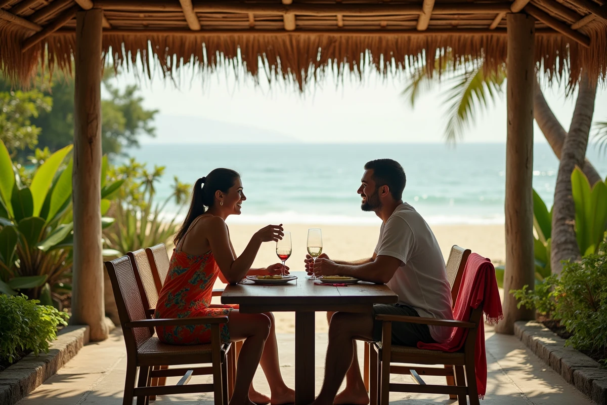 Deux couples souriants dans un warung balinais