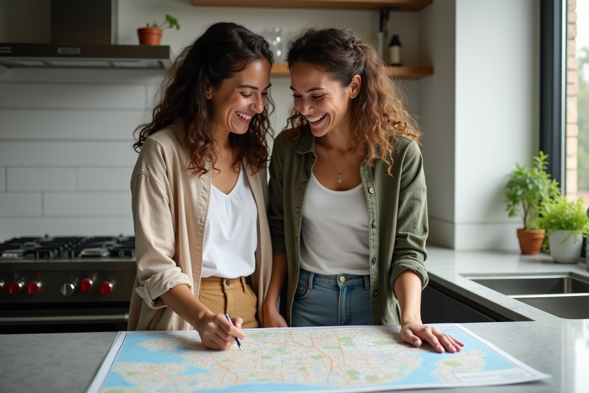 Deux femmes rient en regardant une carte dans une cuisine moderne