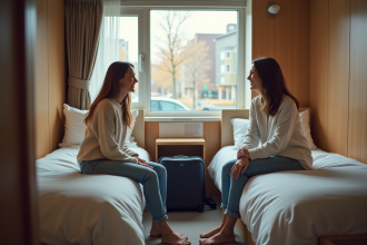 Deux femmes assises sur des lits dans une chambre d'hôtel conviviale