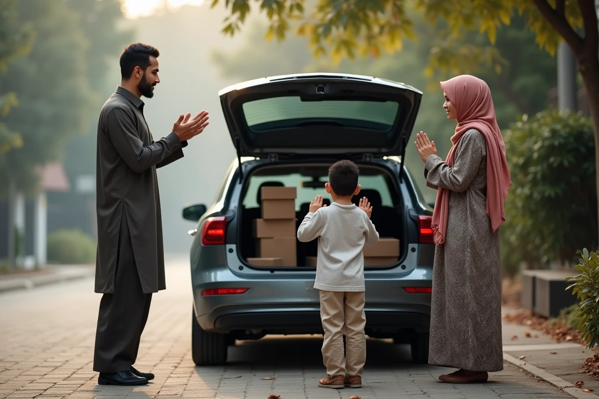 Famille musulmane levant les mains en doua du voyageur ensemble devant leur voiture avant un départ en voyage