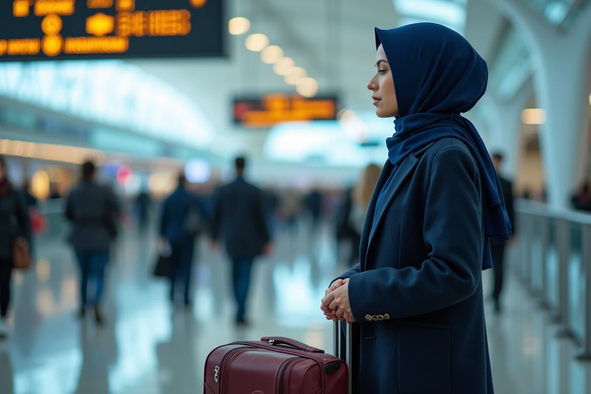 Femme musulmane en hijab récitant la doua du voyageur dans un terminal d'aéroport avant de prendre l'avion