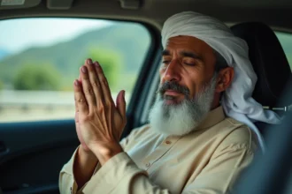 Homme musulman faisant la doua du voyageur les mains levées à l'intérieur d'une voiture avant un départ en voyage