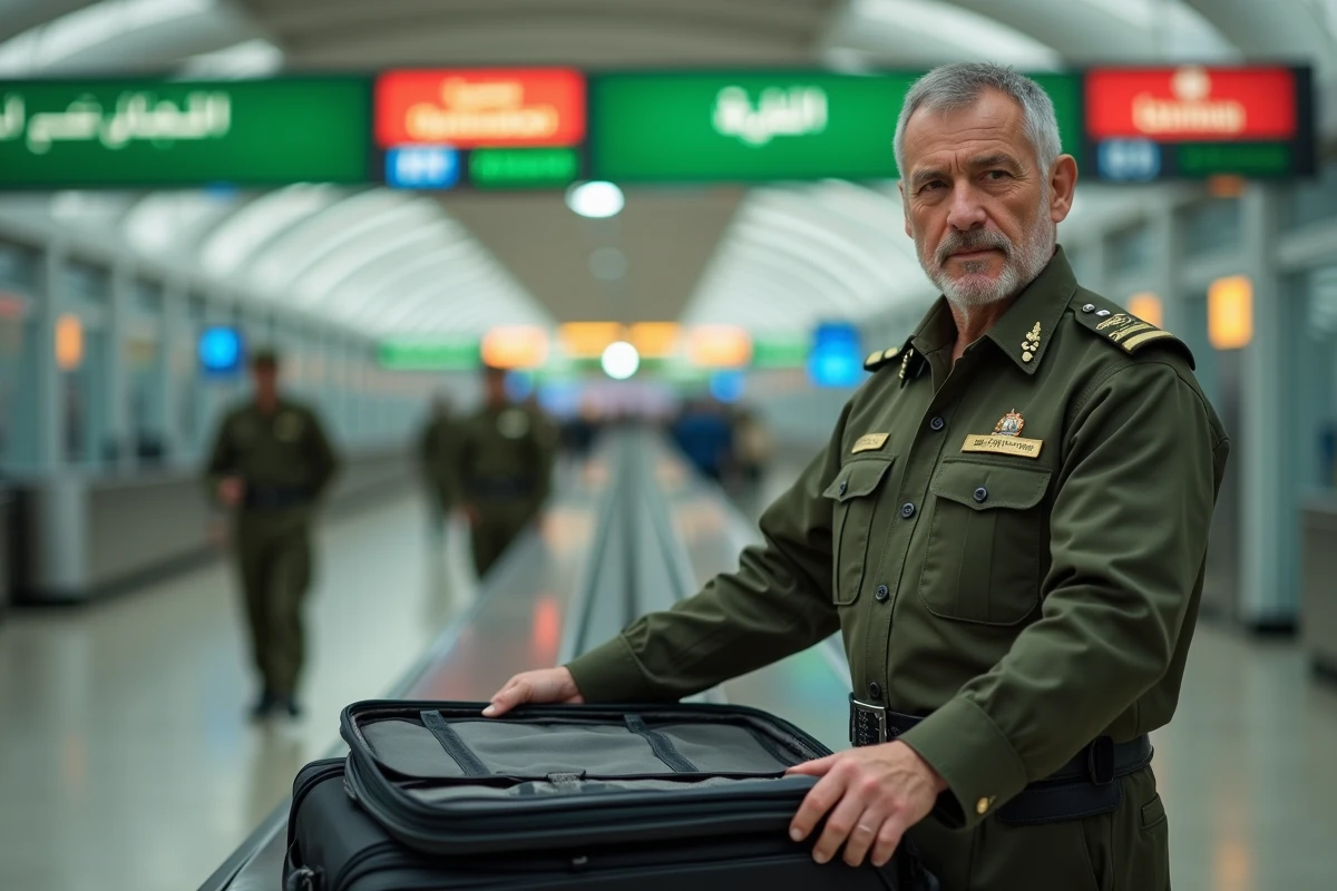 Douanier inspectant une valise dans le hall des douanes de l'aéroport international Mohammed V de Casablanca