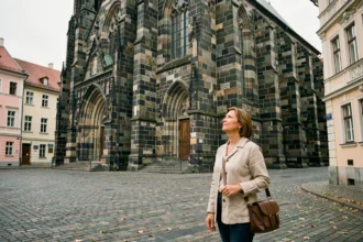 Touriste devant l'Église Noire de Brașov sur la place du Conseil avec architecture gothique médiévale
