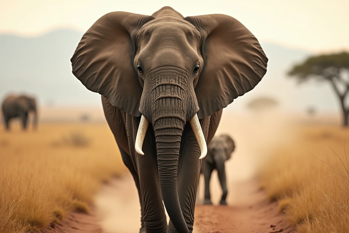 Éléphante adulte et son éléphanteau traversant une piste poussiéreuse dans le Serengeti