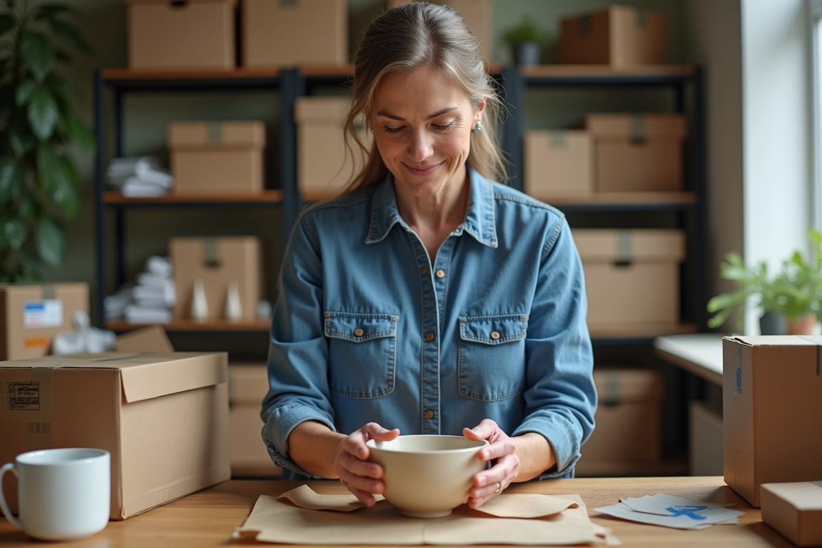 Femme emballant une céramique dans un papier biodégradable