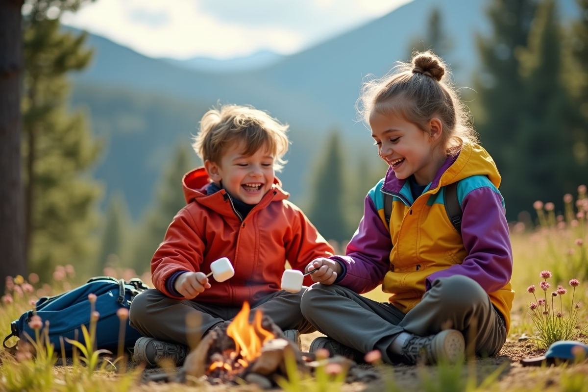 Enfants riant en faisant griller des marshmallows en forêt