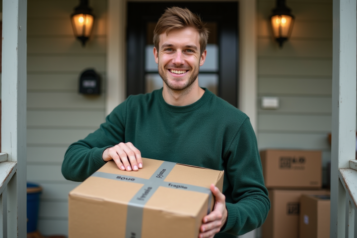 Jeune homme scellant un colis fragile devant sa maison