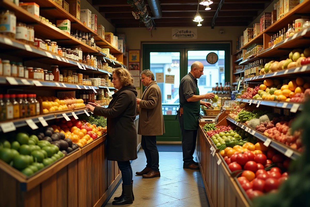 Intérieur d'une épicerie de quartier à Rodange avec commerçant et client, commerces locaux au Luxembourg