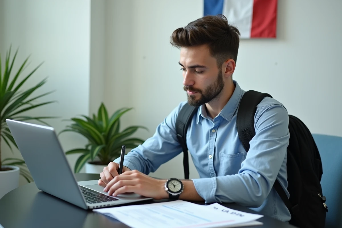 Étudiant français remplissant un dossier de candidature pour une mobilité universitaire en Indonésie à l'ambassade